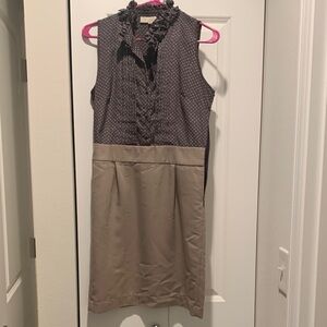 LOFT Gray Polka Dot and Tan Midi Dress